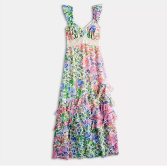 Pastel Floral Maxi Dress Flutter Sleeve Asymmetrical Tiered Bloomcore L - Picture 1 of 14